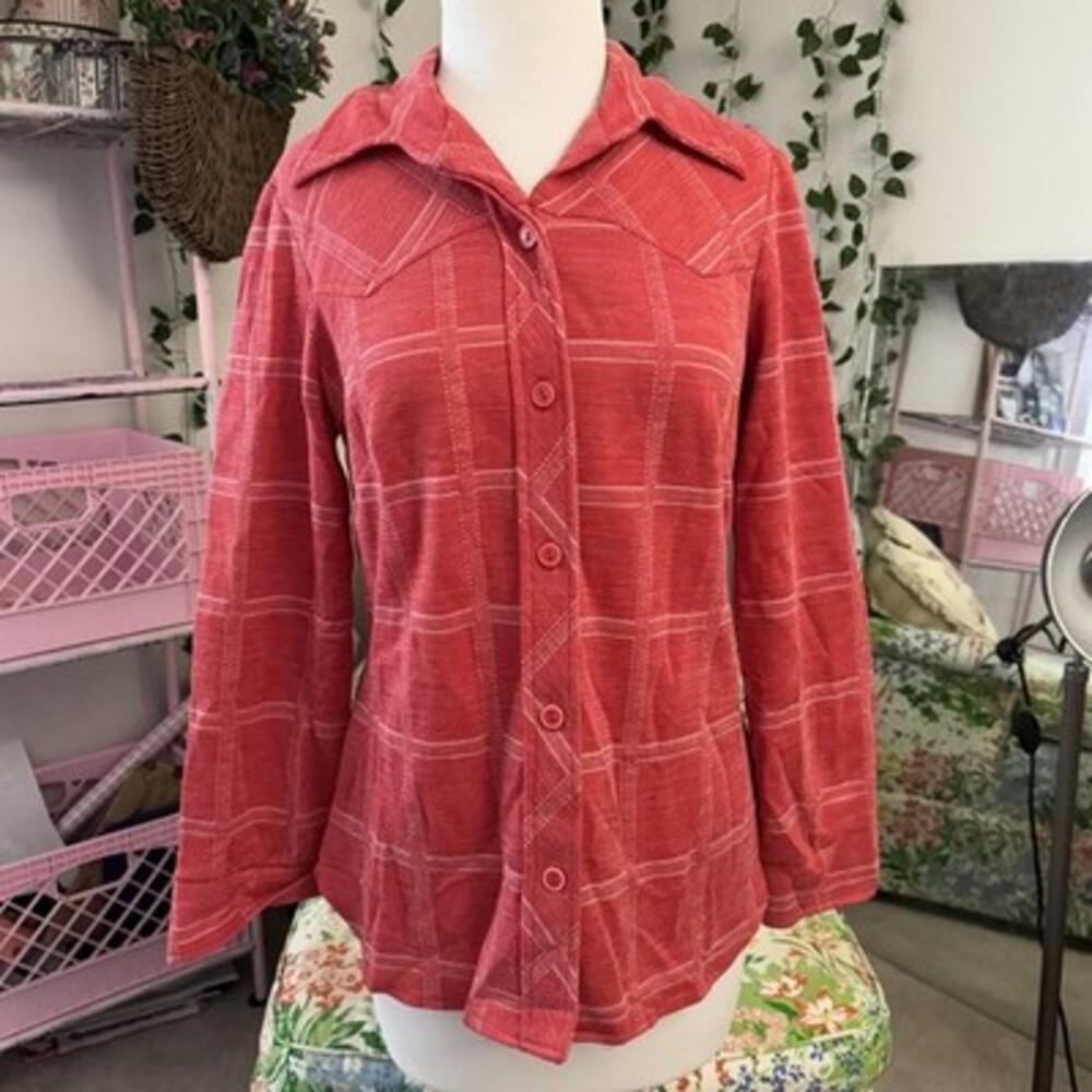 Vintage Sears Fashions Red Plaid Knit Shirt Jacket | Button-Up Heavy Flannel